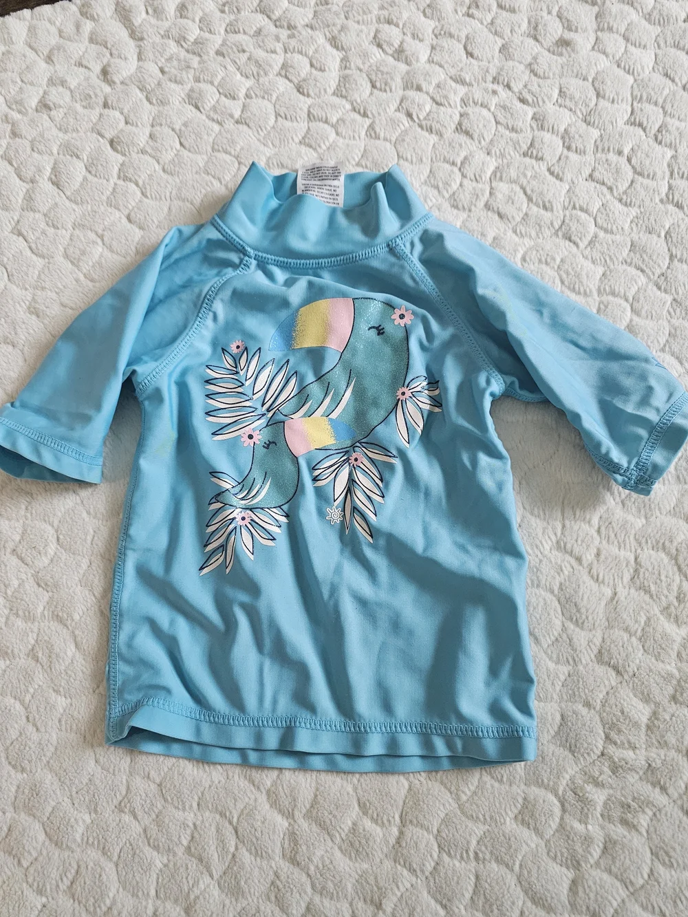 Toddler 3T Girls Blue Tropical Swim Set with Pink Accents Hat Rashguard Skirt